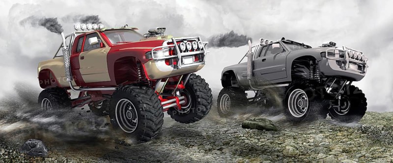 Two monster trucks in a race on rocky terrain