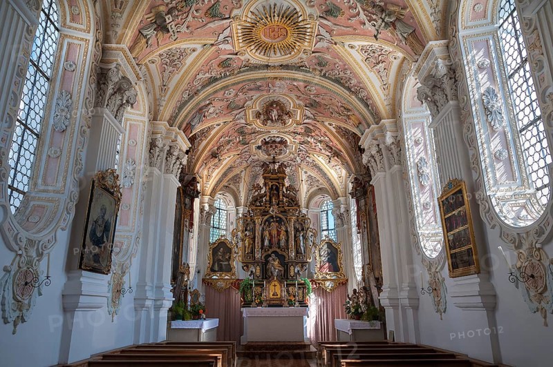 Interior and chancel of Chapel of the Holy Blood in Fischbachau