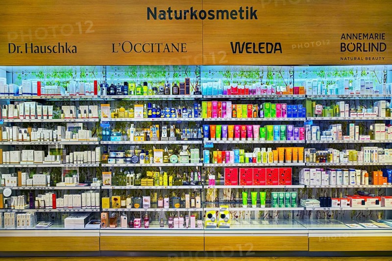 Shelves with natural cosmetics in a department store