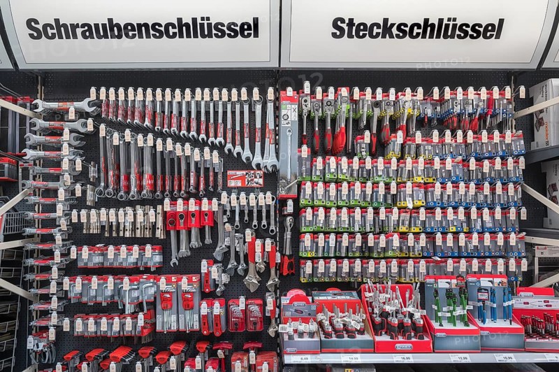 Screwdrivers and socket wrenches in hardware store
