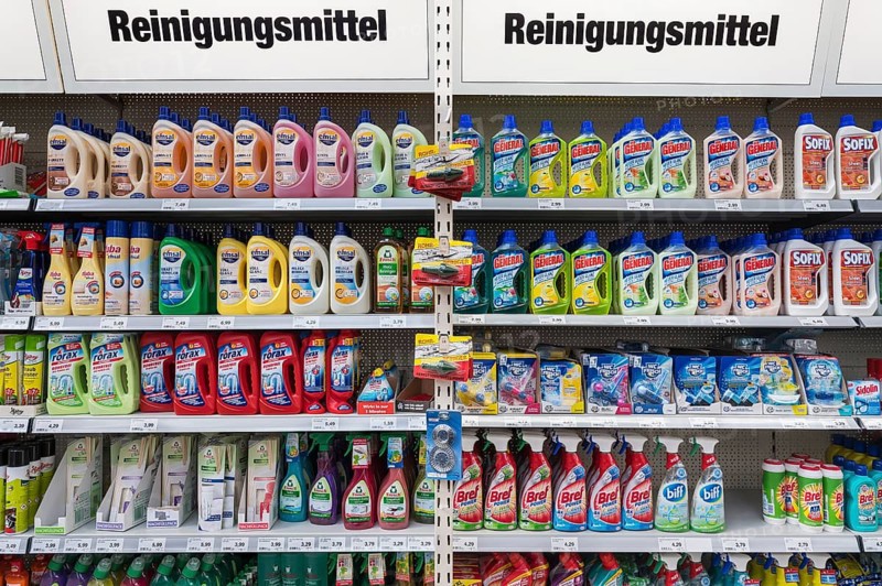 Shelves with cleaning agents in hardware store