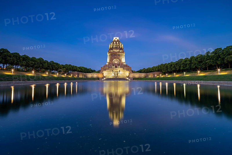 Illuminated Monument to the Battle of the Nations at dusk