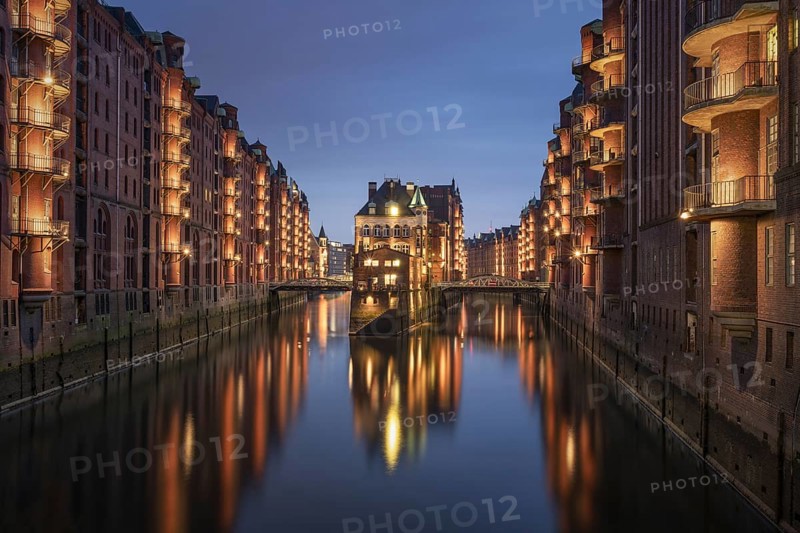 Illuminated Wasserschloss in the Hamburg Speicherstadt at night
