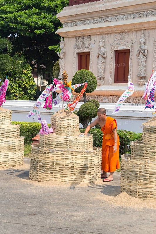 Sand chedis at temple during Songkran festival