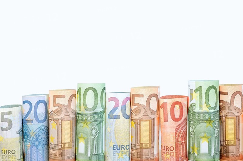 Rolls of various euro banknotes
