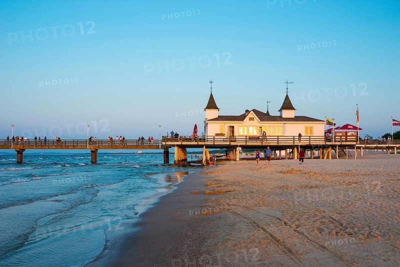 Beach with Ahlbeck pier in evening light