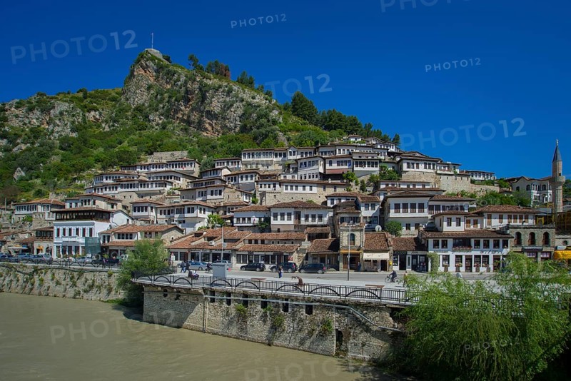 View over the river Osum to historical houses in the district Mangalem
