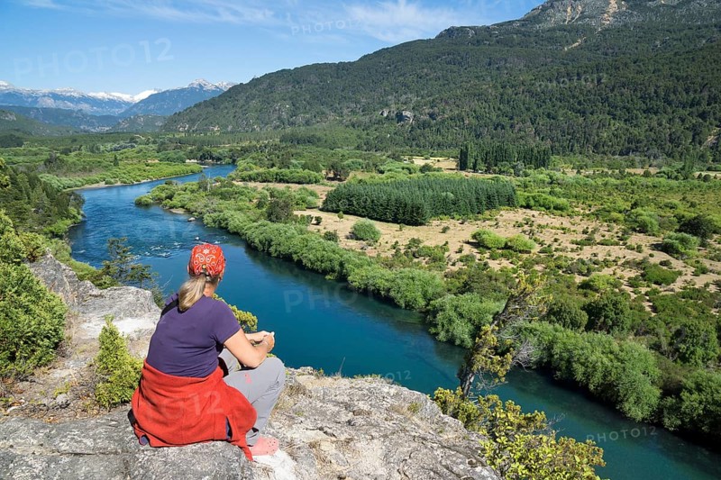 Tourist looking into river valley of Rio Futaleufu