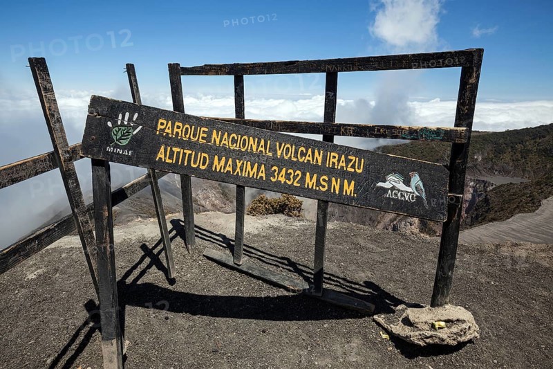 Old wooden shield at the main crater of Irazu Volcano