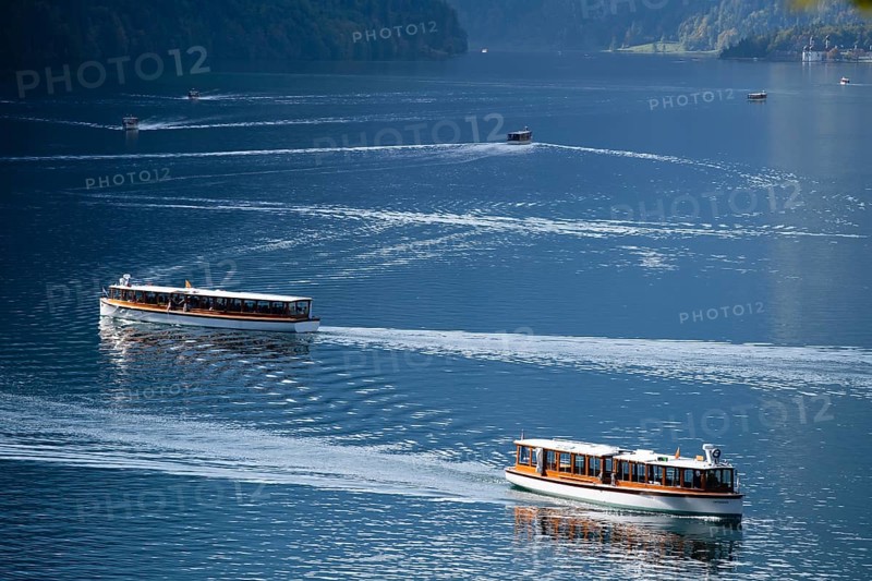 Excursion ships in front of Echowand on Lake Konigssee