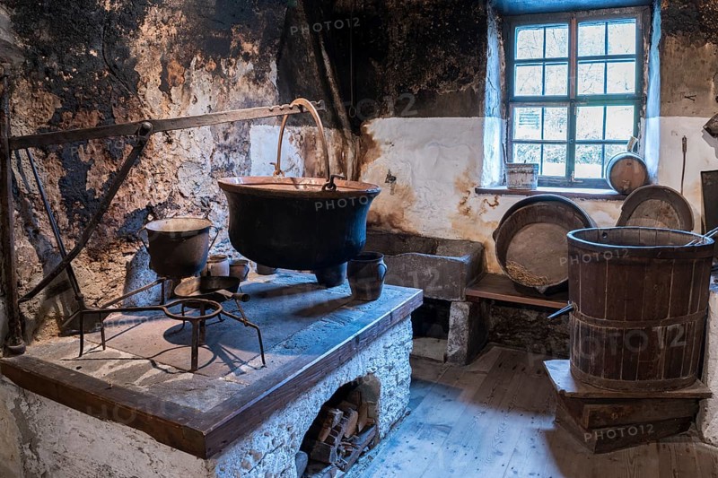 Original old woodstove or Rauchkuchl in a farm