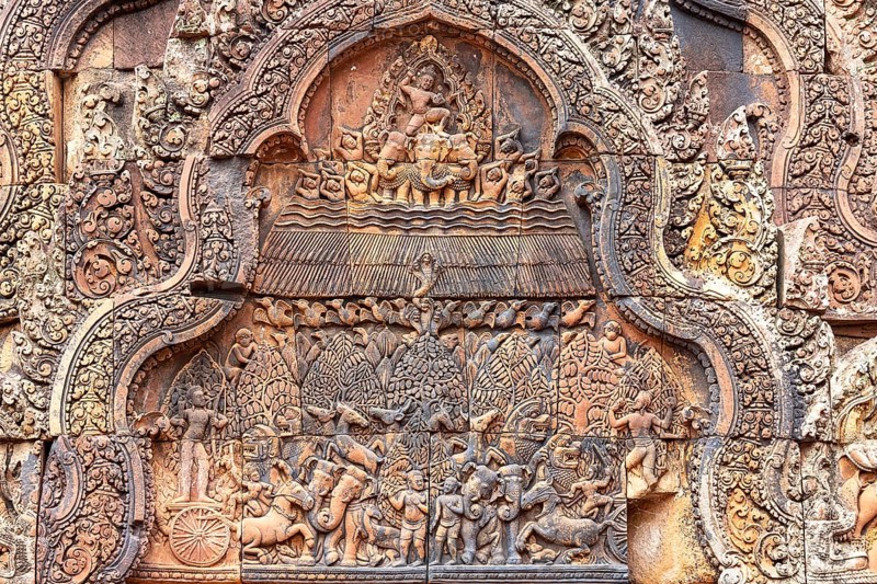 Wonderful carvings in the kudu-arch at the temple Banteay Srei temple