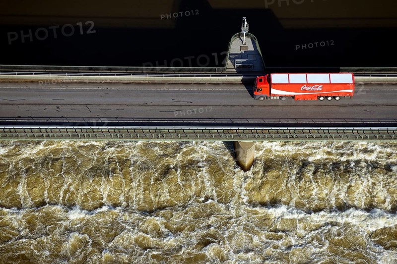 Coca Cola truck drives over Elbe weir near Geesthacht