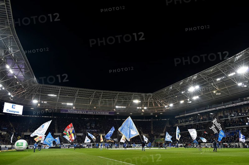 Flag wavers in the stadium in front of the start of a football match of the 1st Bundesliga
