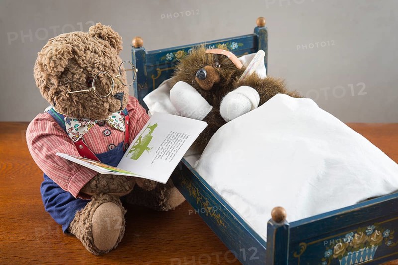 Sick Teddy Bear with bandaged paws and head
