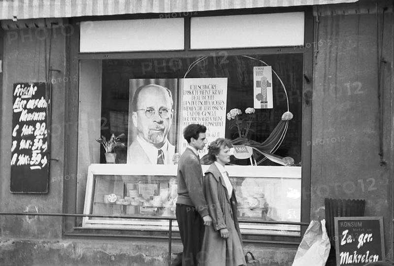 Walter Ulbricht in the shop window of a grocery store