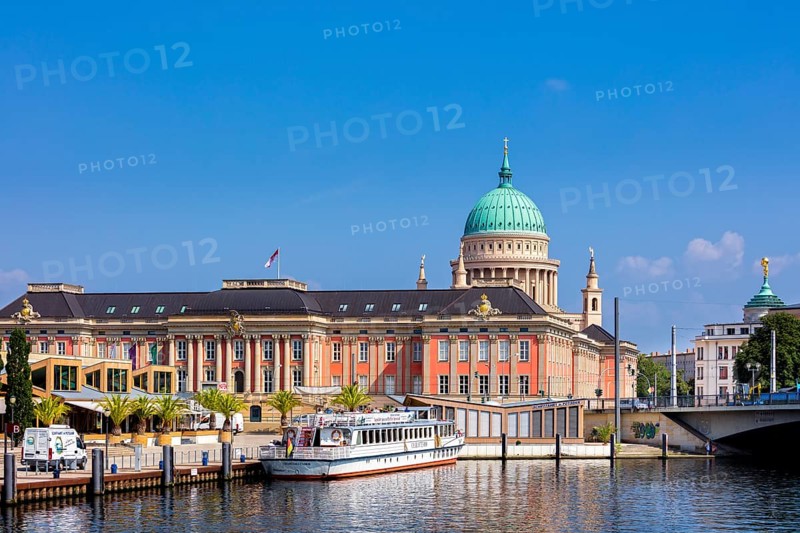 excursion boat in front of Parliament Potsdam and St. Nicholas Church
