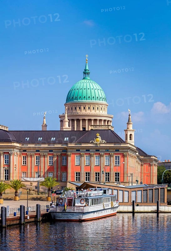 excursion boat in front of Parliament Potsdam and St. Nicholas Church
