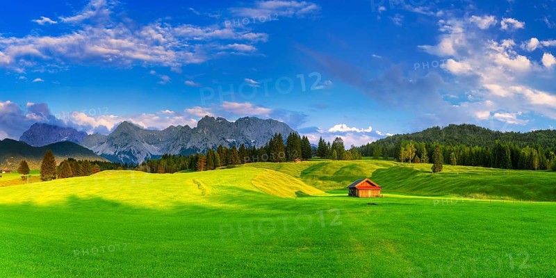 green meadows with cottage