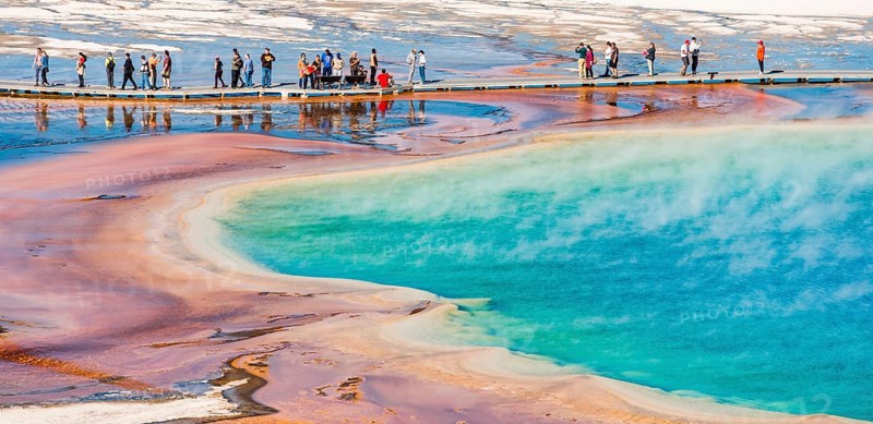 Tourists on a jetty in the thermal area