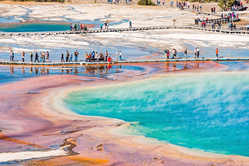 Tourists on a jetty in the thermal area
