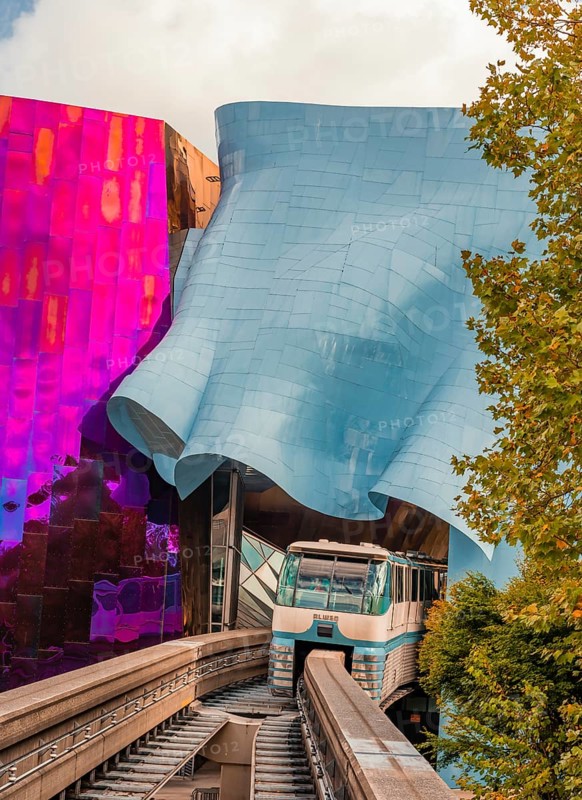 Monorail train runs through the Museum of Pop Culture