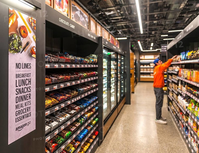 Food shelves in cashless supermarket