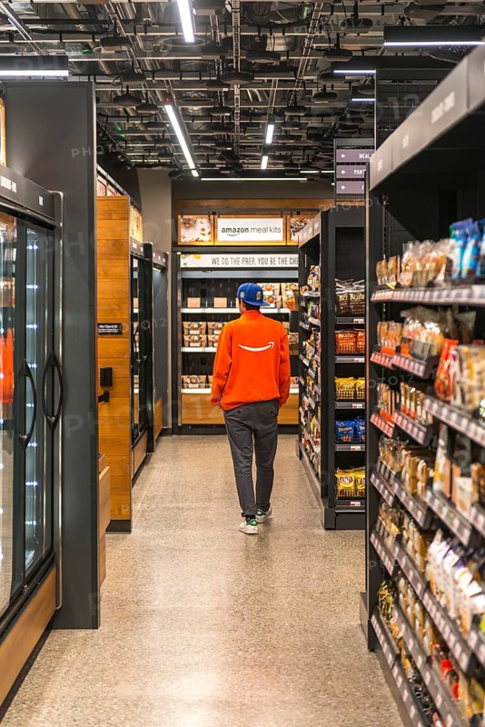 Food shelves in cashless supermarket