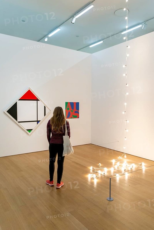 Visitor looks at modern paintings