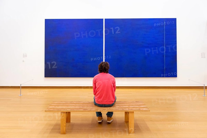 Visitor looks at modern painting