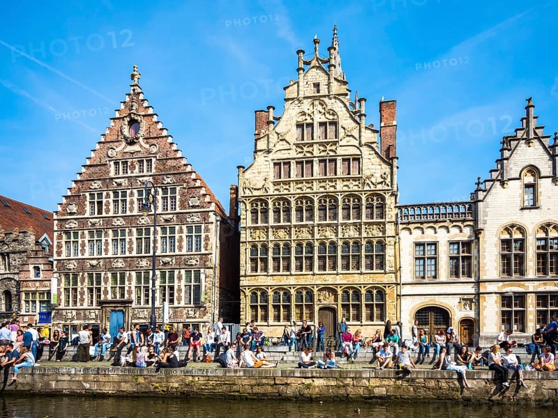 Leie River and promenade on the Graslei with old guild houses