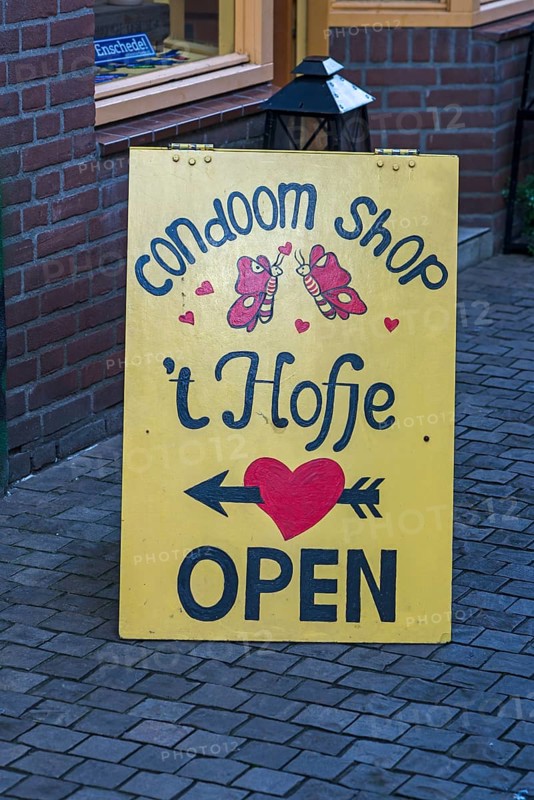 Information sign for a condom shop