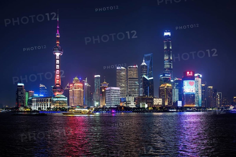 View from the Bund to the skyline at the Huangpu River with Oriental Pearl Tower