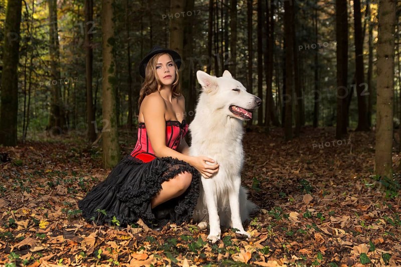 Blonde woman with white shepherd dog in the forest