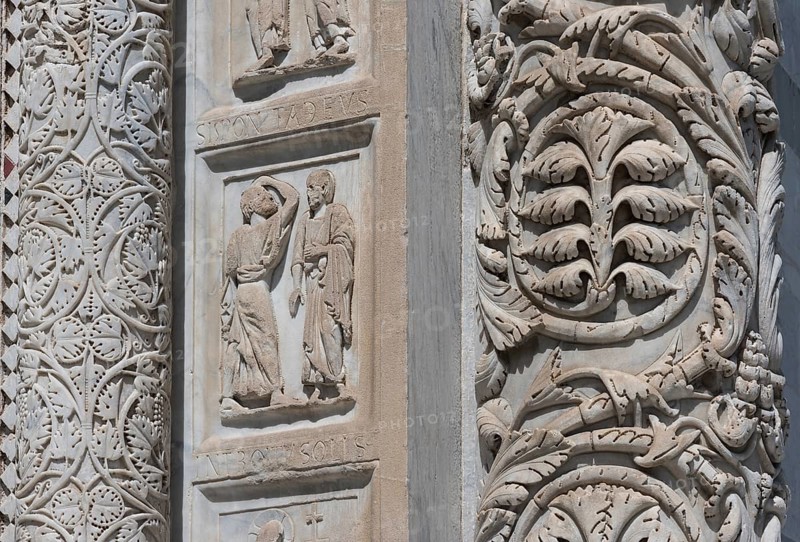 Marble columns at the main portal with floral motifs and scenes from the life of John the Baptist