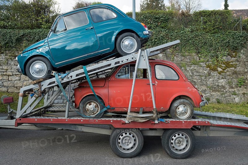 Fiat 500 on a trailer