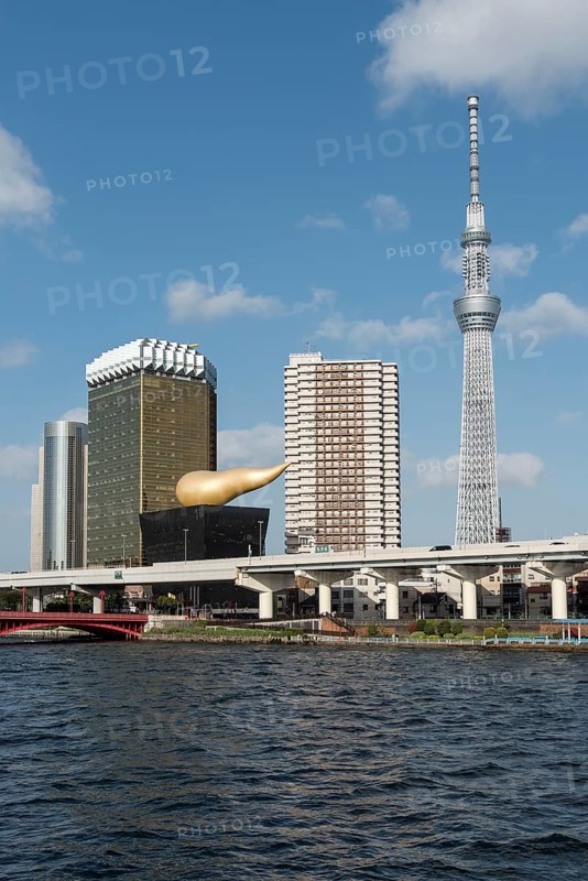 Tokyo Skytree Tower and Asahi headquarters building with Asahi Flame