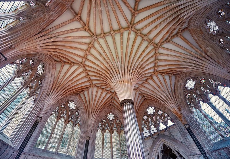 Vaulted ceiling of the Chapter House of the medieval Wells Cathedral