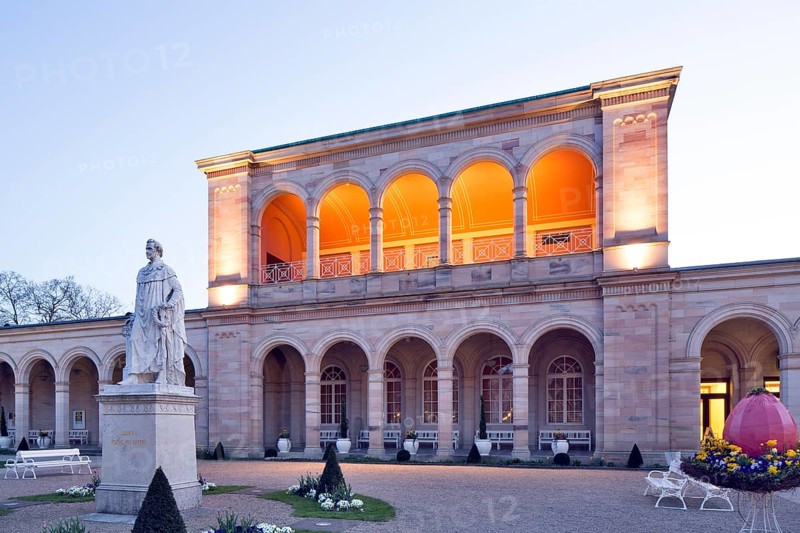 Lighted Arcade building at dusk