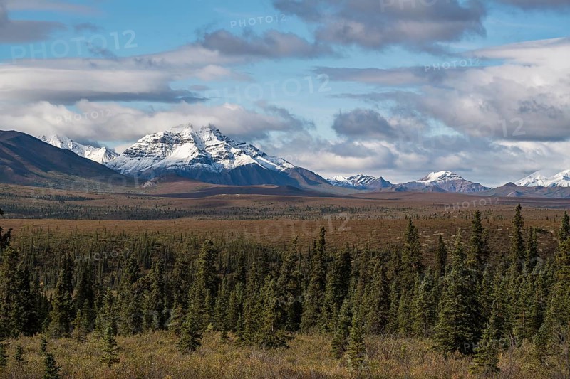 Snow covered mountains of the Alaska Range with tundral landscape