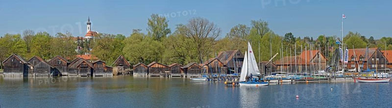Boat harbour of Diessen am Lake Ammer with Marienmunster