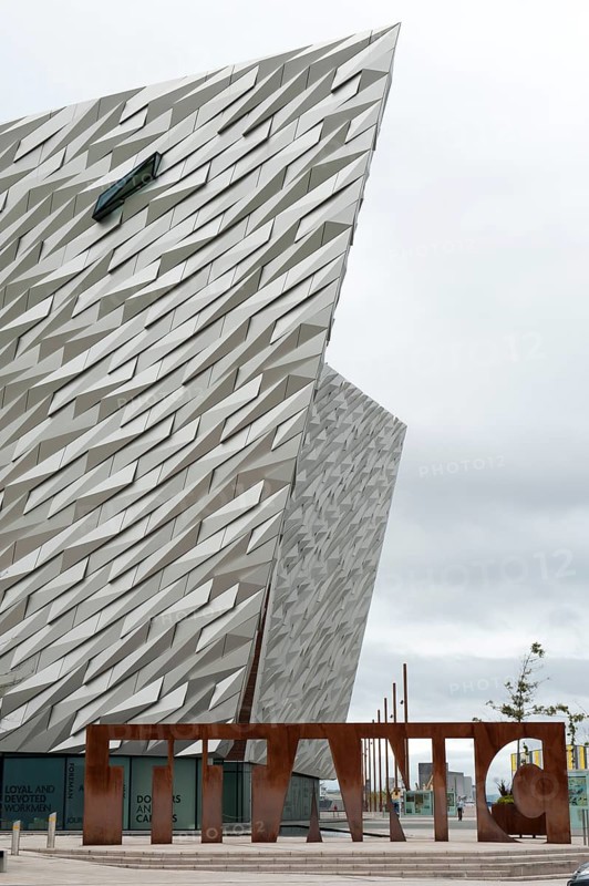 Titanic lettering in front of Titanic Belfast Museum
