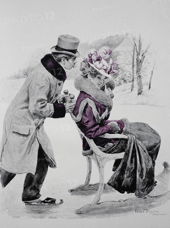 Man with skates slides his wife on a chair sled across the ice