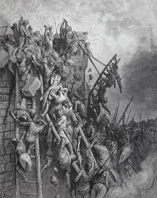 The Crusaders attack with scaling ladders to the walls of Wieselburg and are repulsed with heavy losses