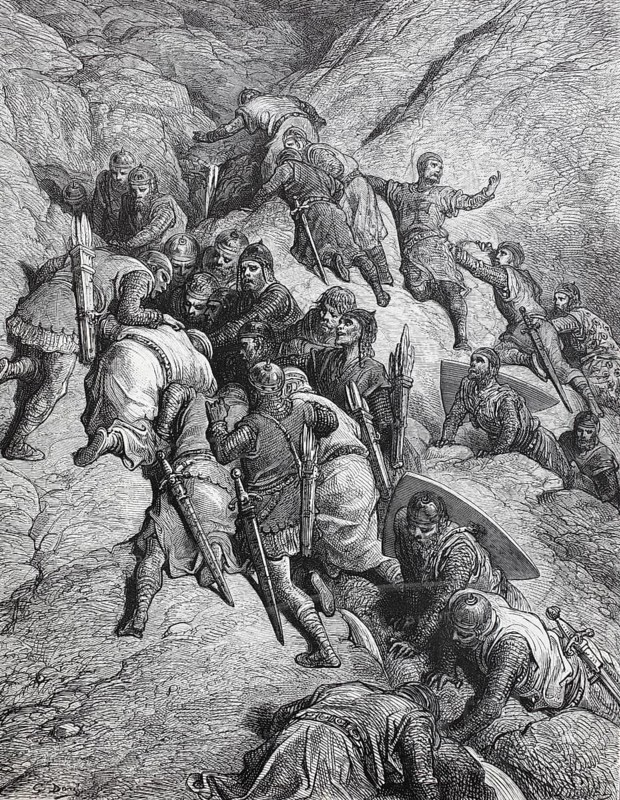 The knights of the crusade have found a hole with water in the rocks