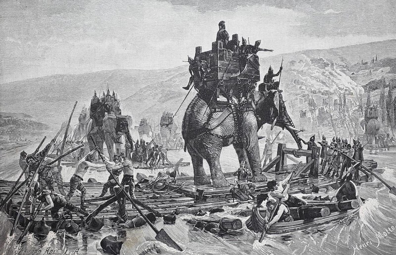 Hannibal crosses the river Rhone with his elephants