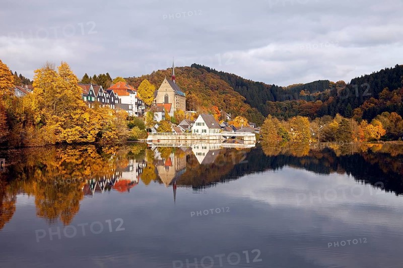 lake Beyenburger and historical center of Beyenburg with the St. Mary Magdalene Church in Wuppertal
