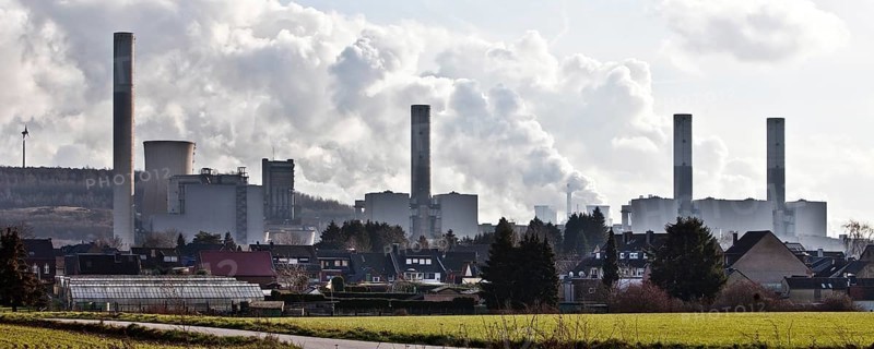 Housing estate in front of the lignite-fired power plant Frimmersdorf
