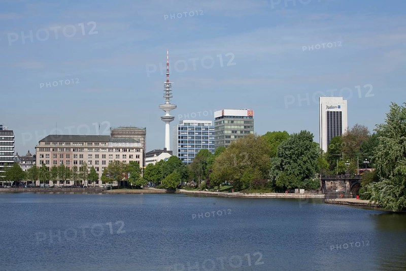 Inner Alster Lake with television tower and Radisson Blu Hotel