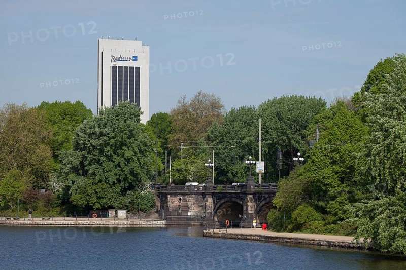 Inner Alster Lake with Radisson Blu Hotel and Lombard Bridge